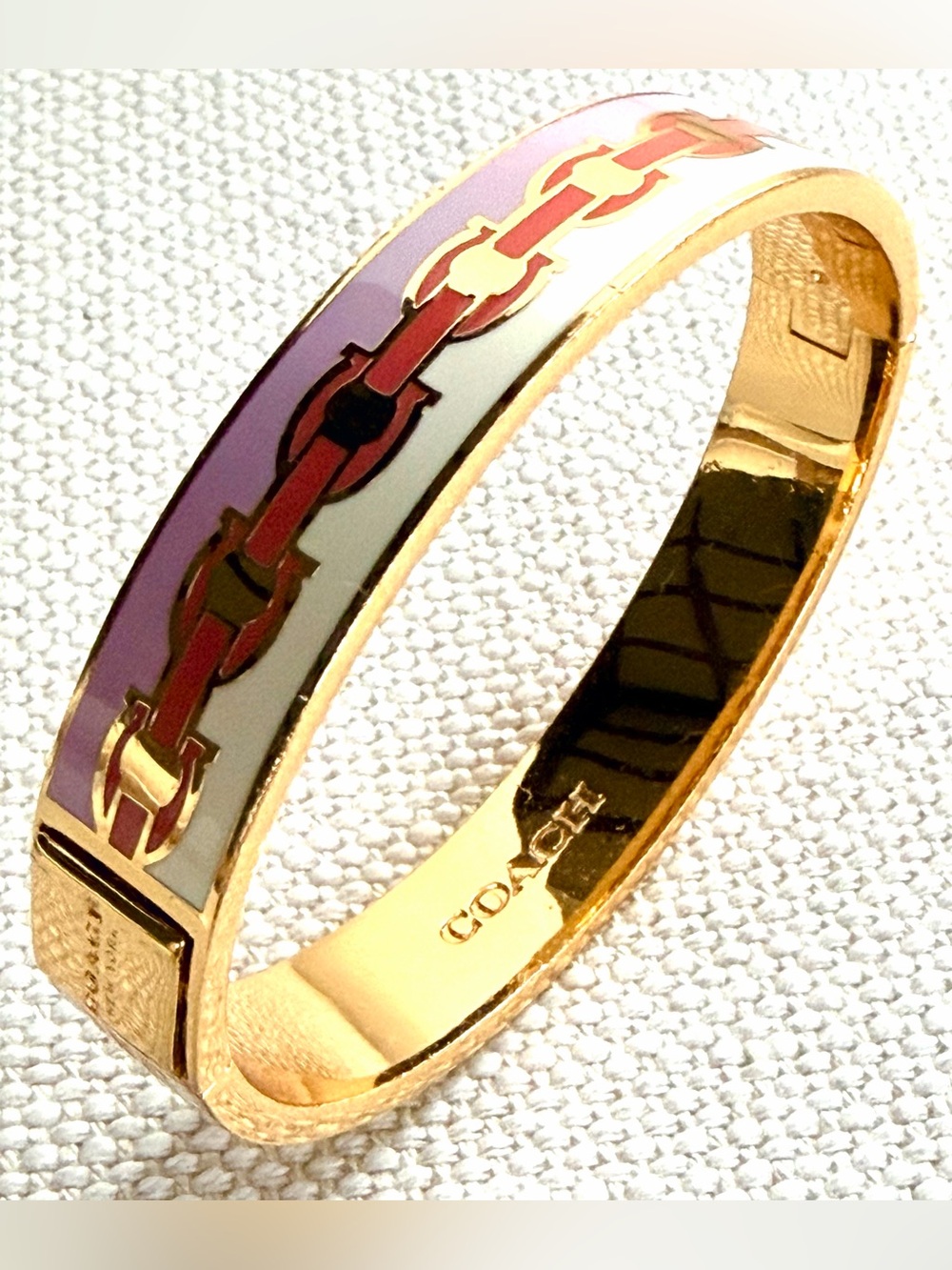 COACH Gold Tone Multicolor Enamel Equestrian Link Hinged Bangle Bracelet